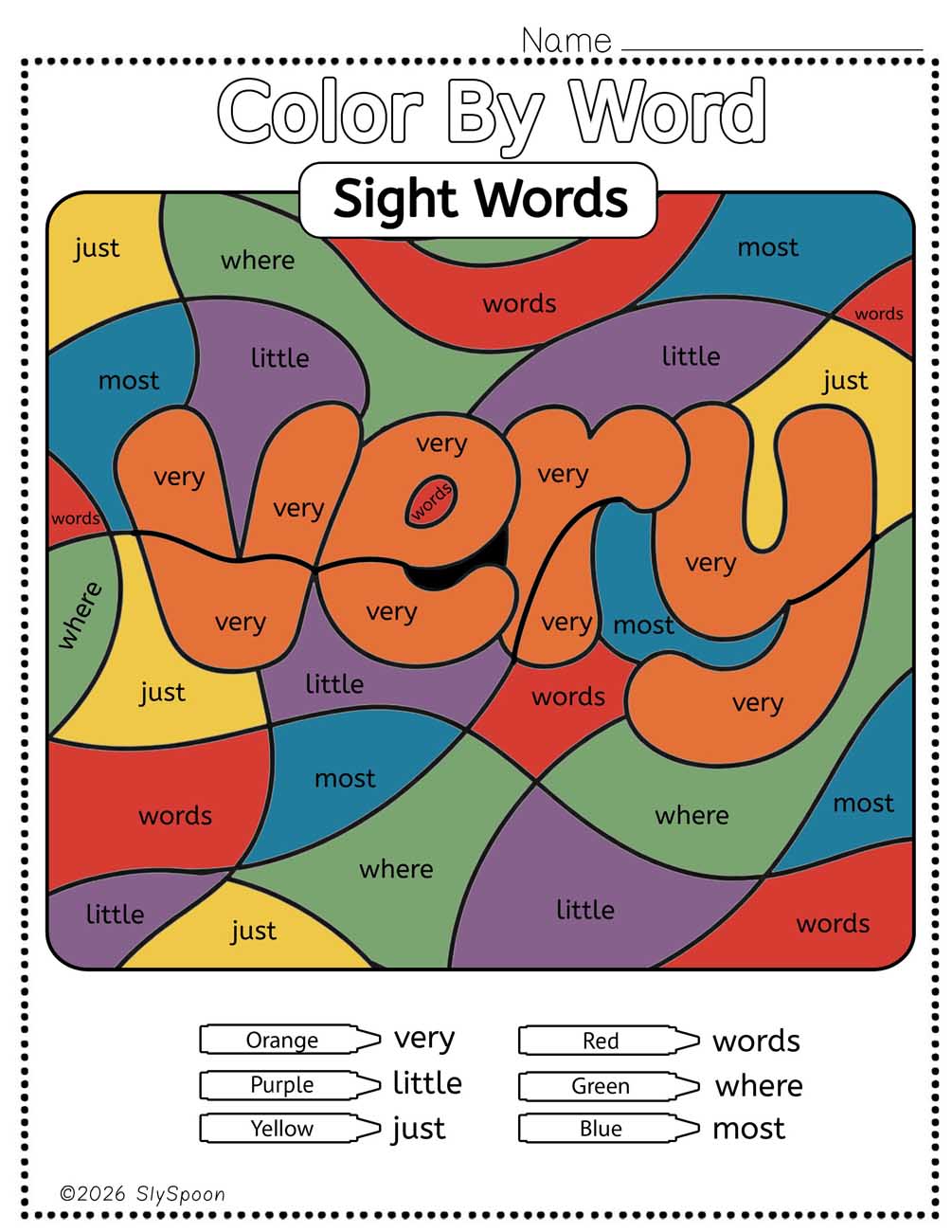 Color by sight word very worksheet printable