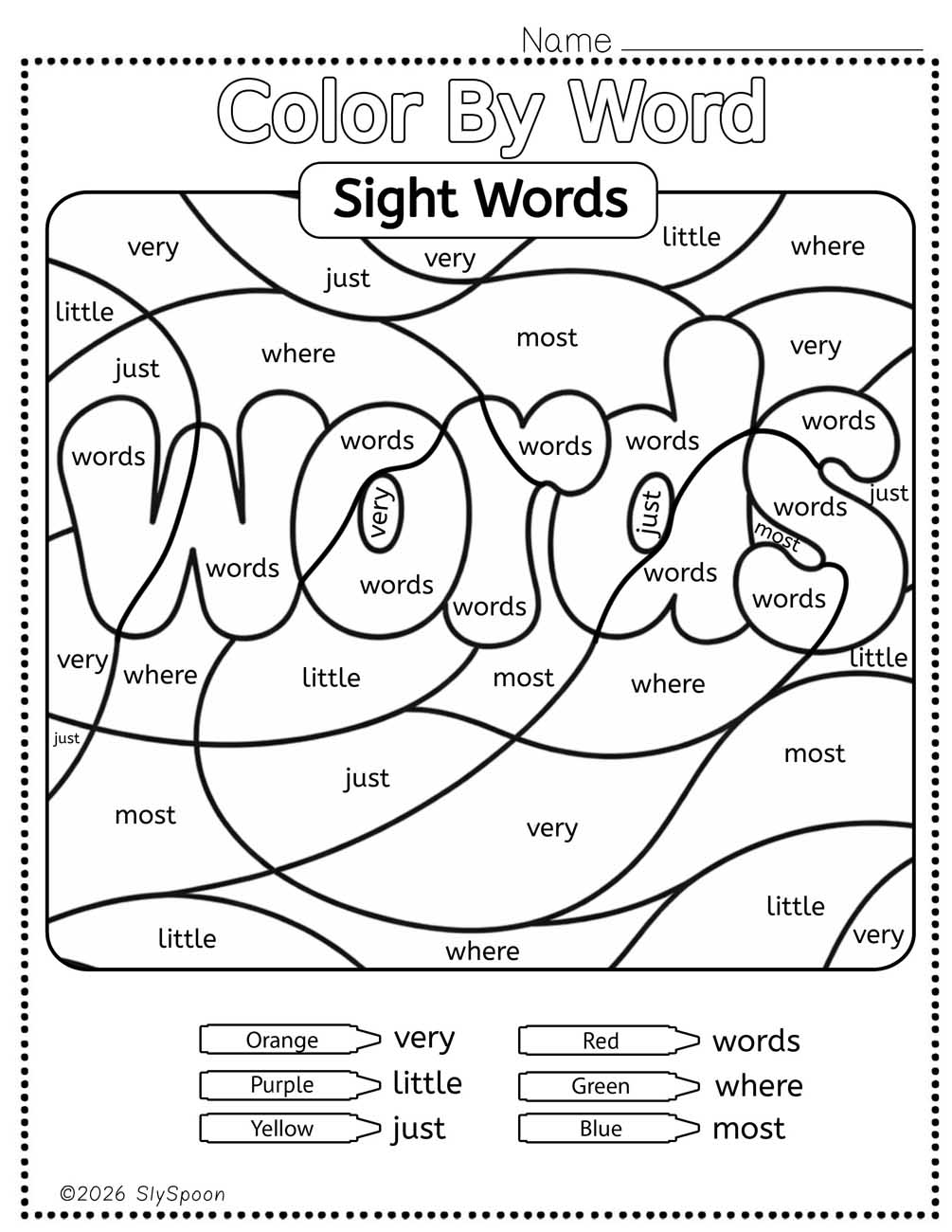 Color by sight word words worksheet printable