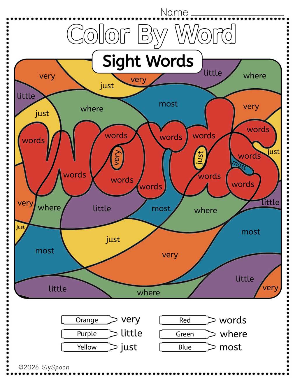 Color by sight word words worksheet printable