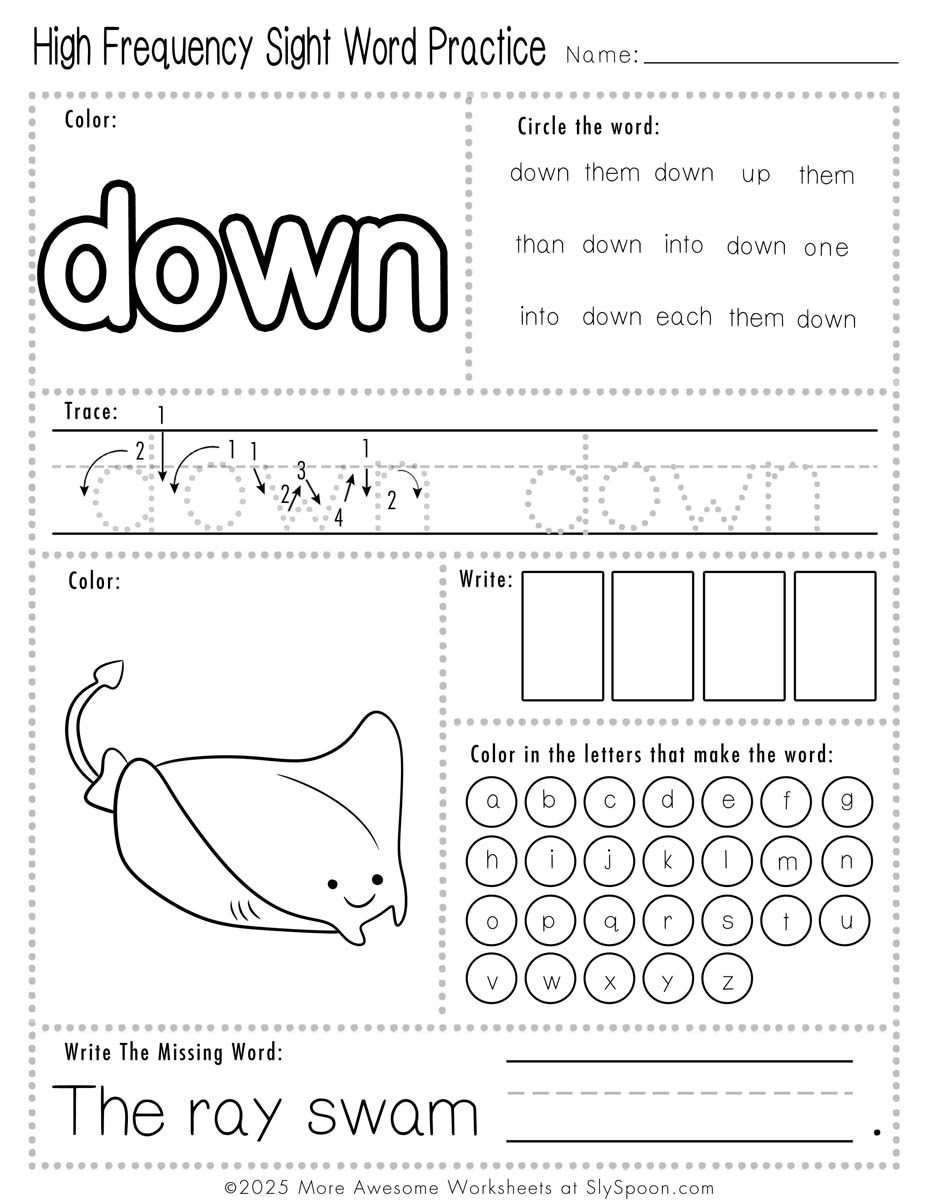 Easy sight word down worksheet printable