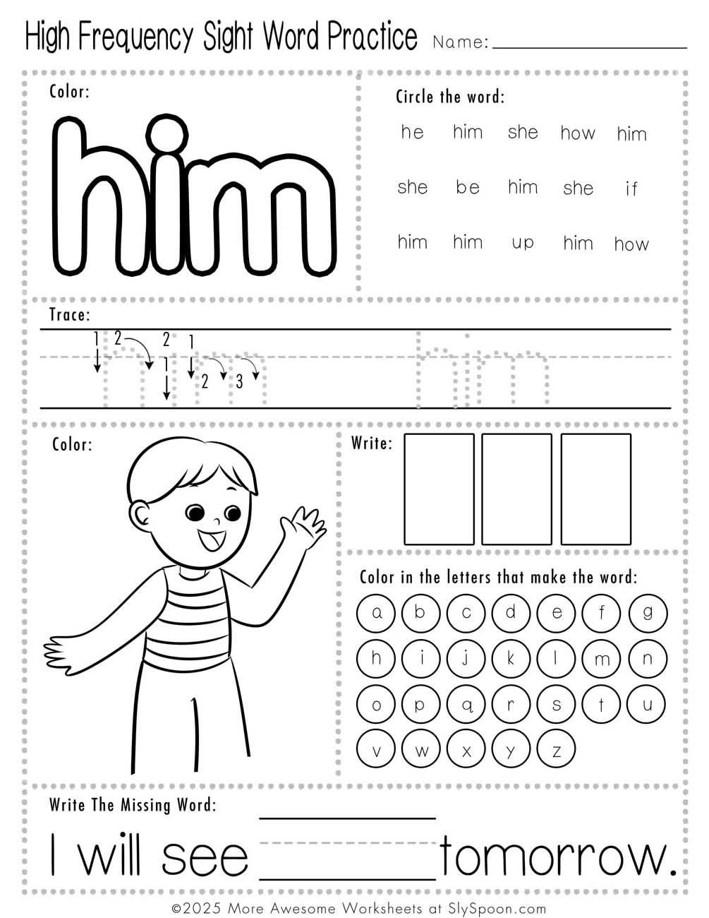 Easy sight word him worksheet printable