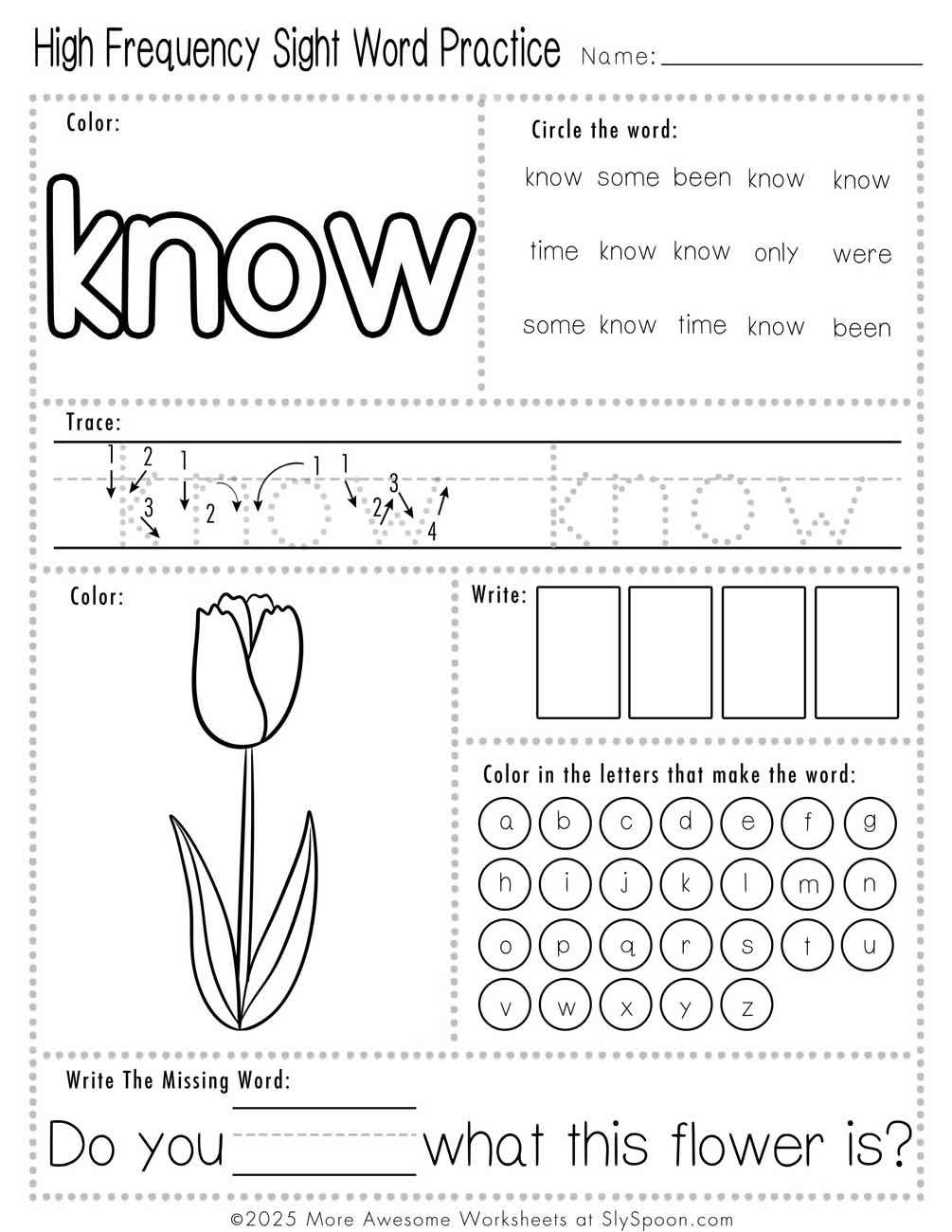 Easy sight word know worksheet printable