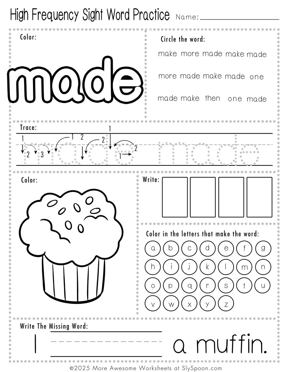 Easy sight word made worksheet printable