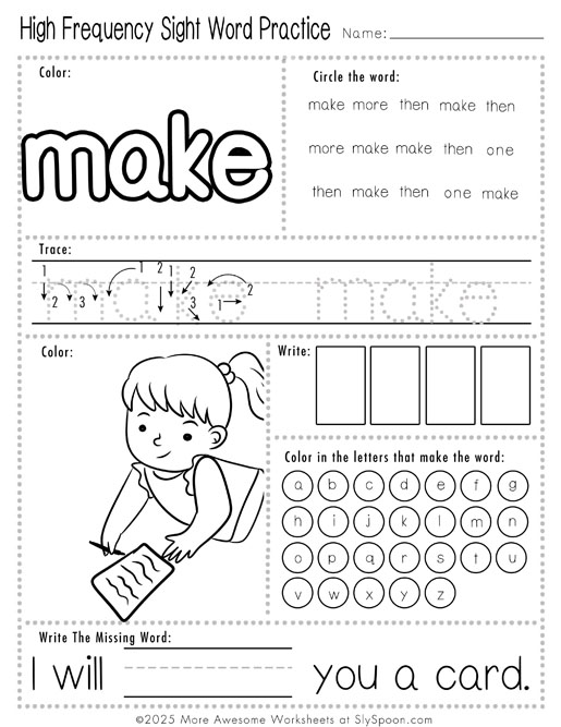 Easy sight word make worksheet printable