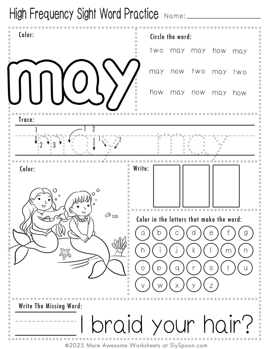 Easy sight word may worksheet printable
