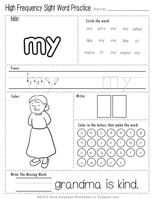 Easy sight word my worksheet printable