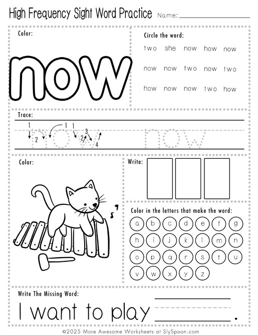 Easy sight word now worksheet printable