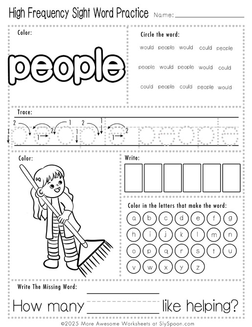 Easy sight word people worksheet printable
