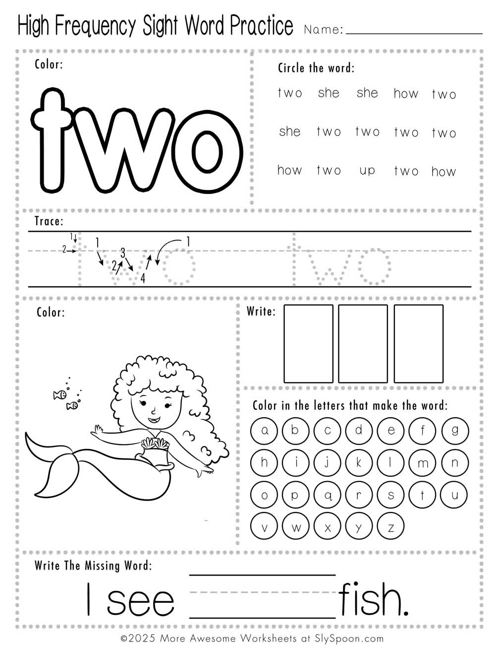 Easy sight word two worksheet printable