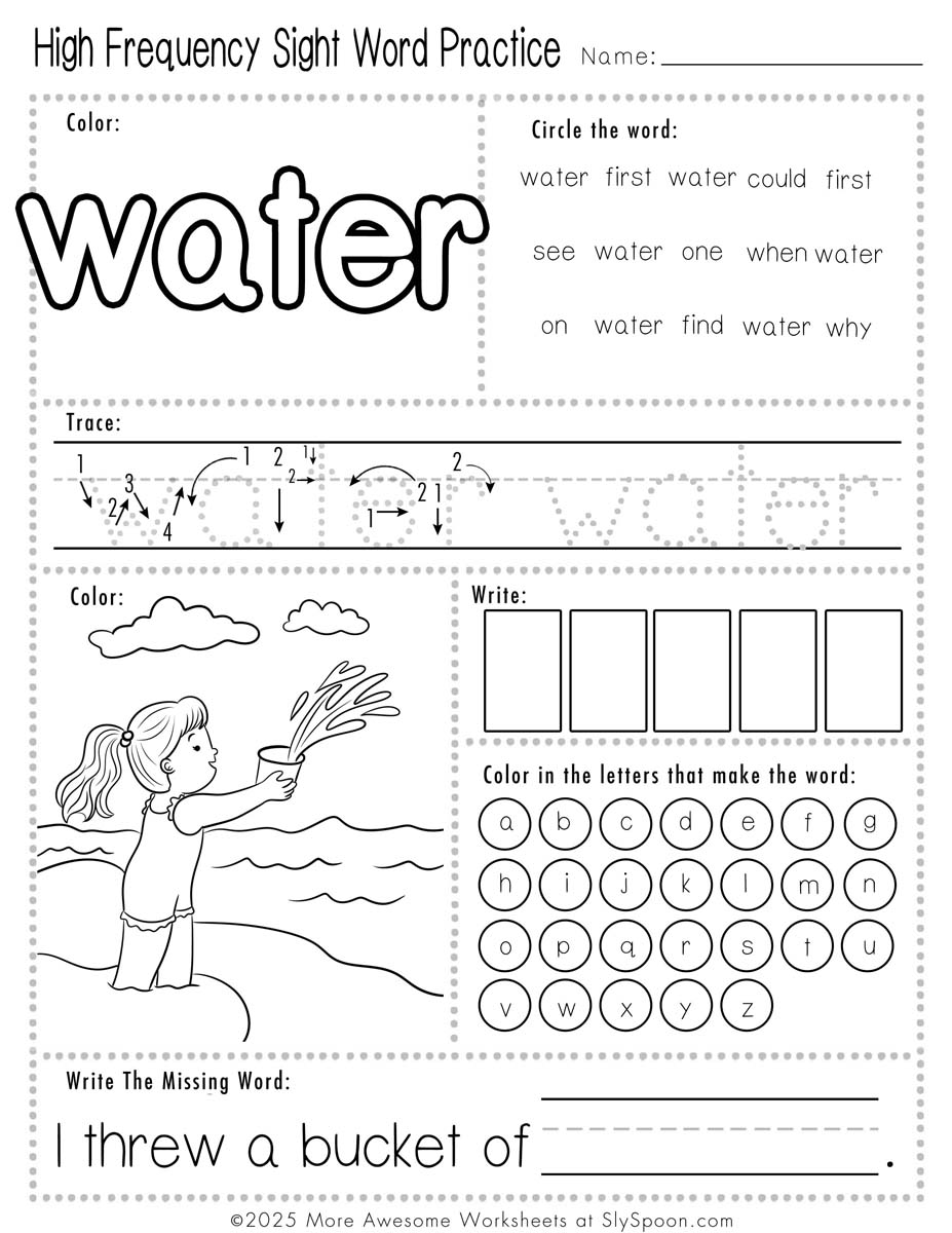 Easy sight word water worksheet printable