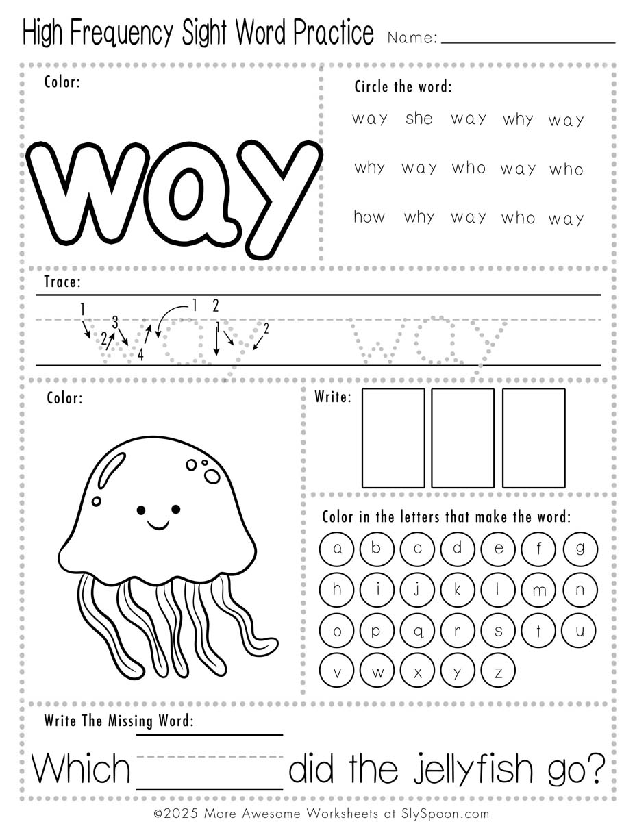 Easy sight word way worksheet printable