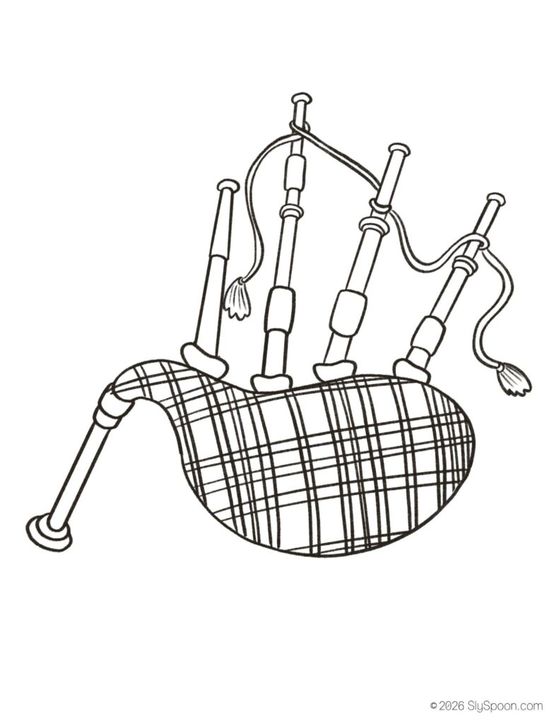 St. Patrick’s Day bagpipes coloring page for kids, free printable holiday worksheet
