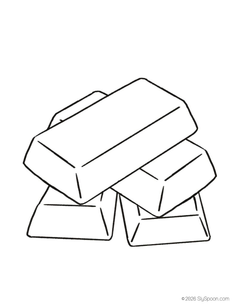 St. Patrick’s Day gold ingot coloring page for kids, free printable holiday worksheet for preschool and kindergarten