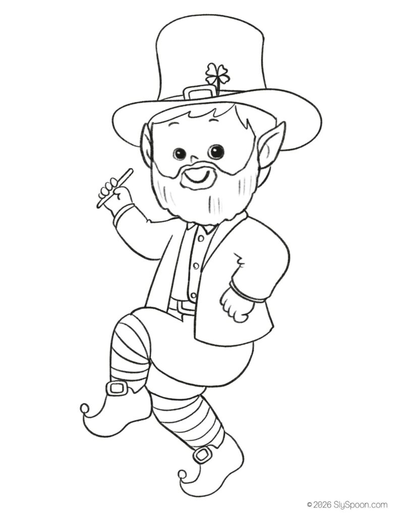 St. Patrick’s Day leprechaun jig coloring page for kids, free printable holiday worksheet for preschool and kindergarten
