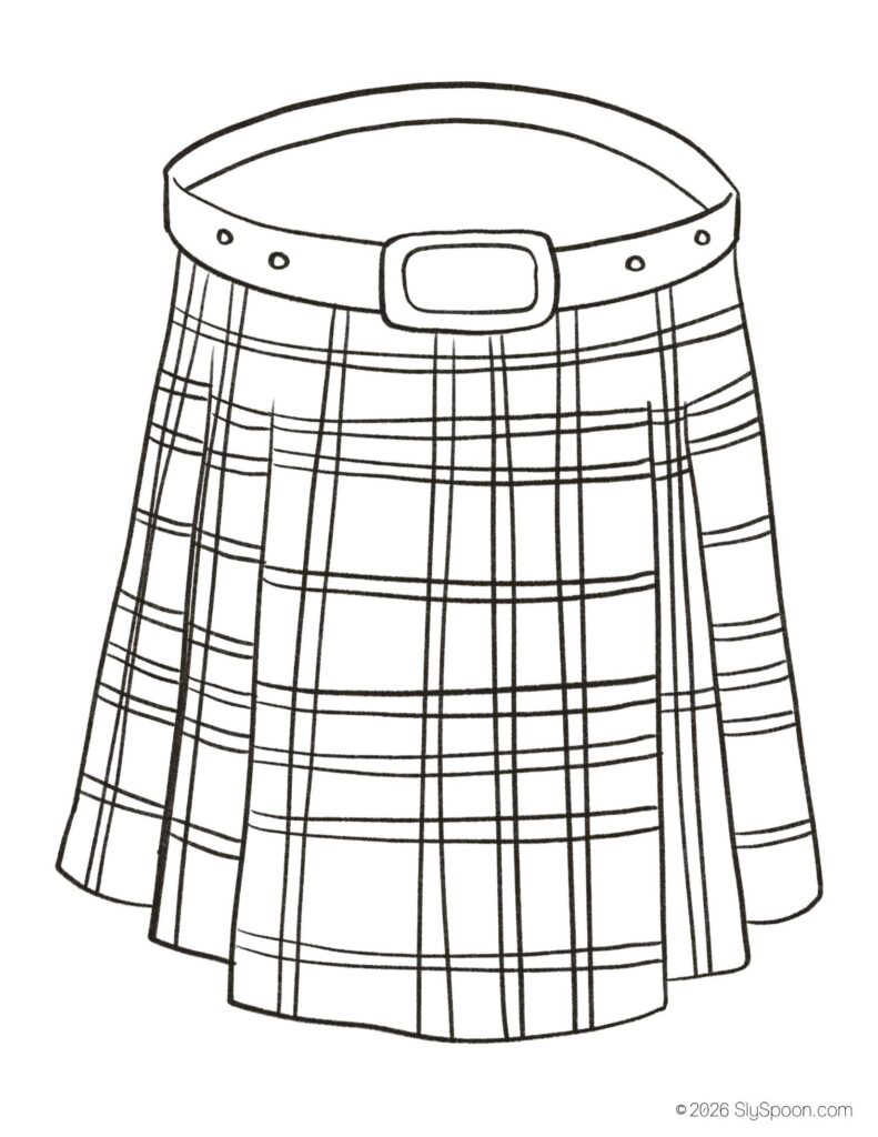 St. Patrick’s Day kilt coloring page for kids, free printable holiday worksheet for preschool and kindergarten