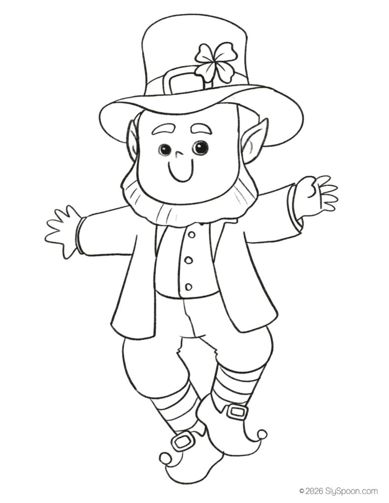 St. Patrick’s Day leprechaun coloring page for kids, free printable holiday worksheet for preschool and kindergarten