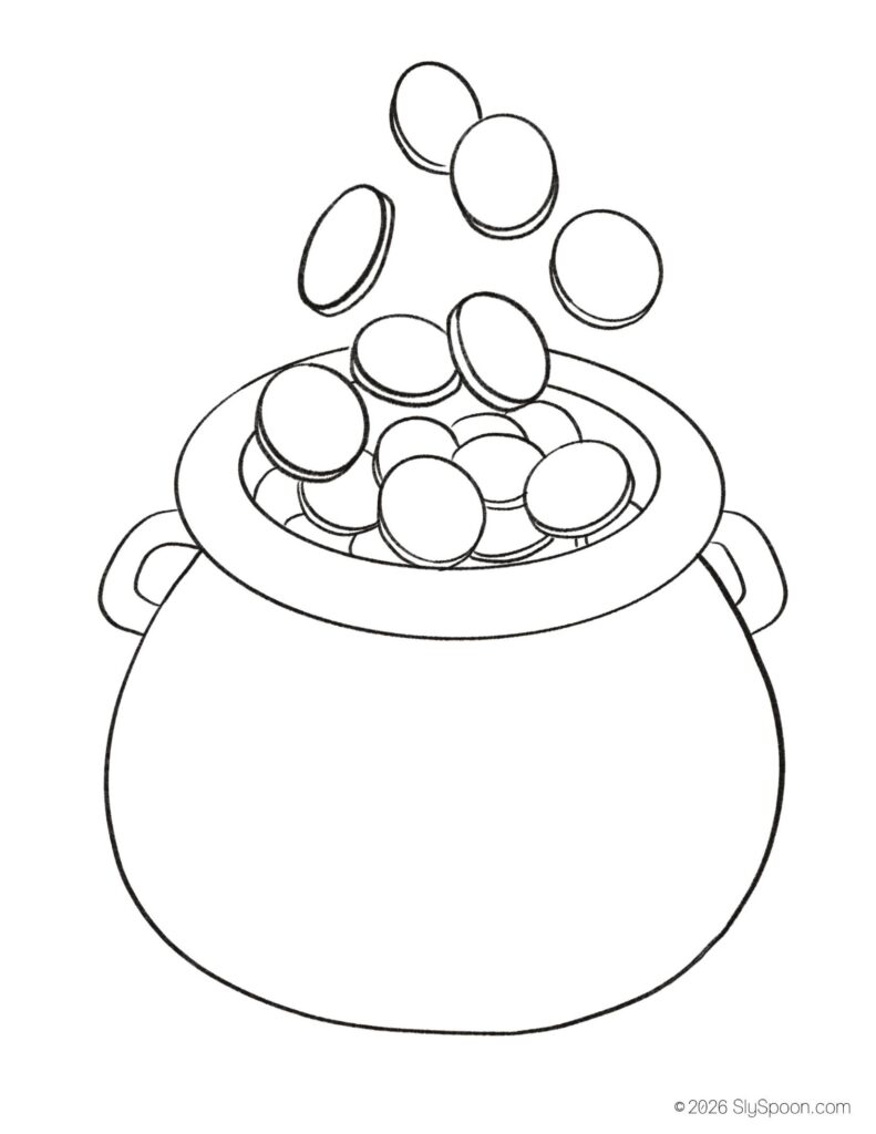 St. Patrick’s Day pot of gold coloring page for kids, free printable holiday worksheet for preschool and kindergarten