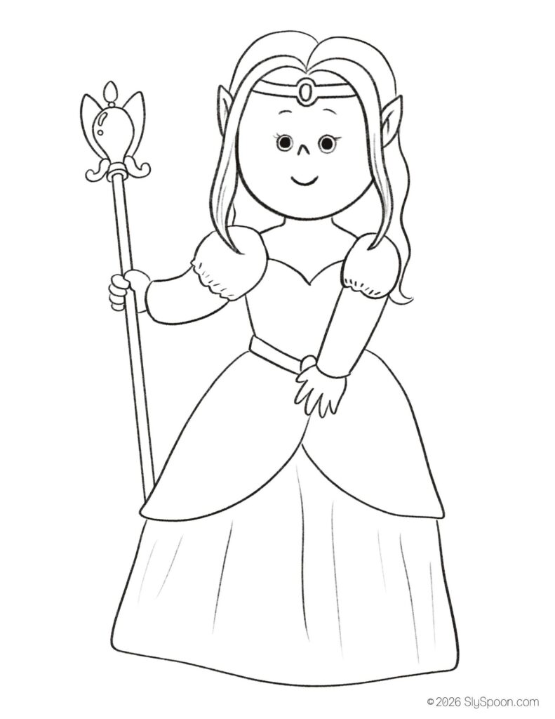 St. Patrick’s Day elf queen coloring page for kids, free printable holiday worksheet for preschool and kindergarten