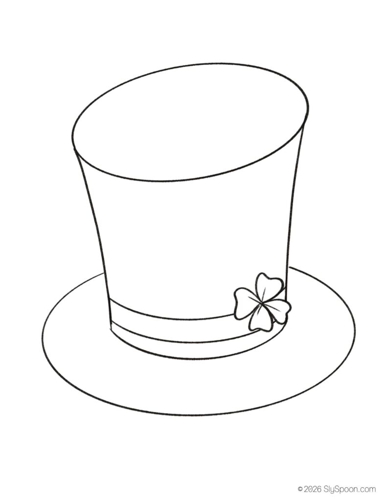 St. Patrick’s Day leprechaun top hat coloring page for kids, free printable holiday worksheet
