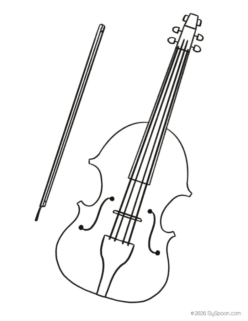 St. Patrick’s Day violin coloring page for kids, free printable holiday worksheet for preschool and kindergarten