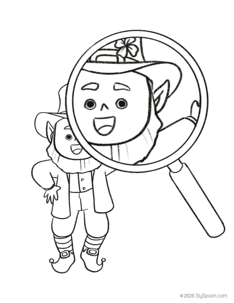 St. Patrick’s Day leprechaun zoom coloring page with magnifying glass, free printable holiday worksheet for preschool and kindergarten
