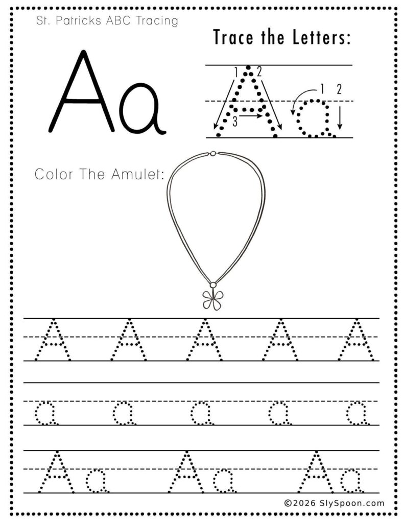 St. Patrick’s Day letter A letter tracing worksheet where kids trace uppercase and lowercase A letters, pencil control practice with a leprechaun amulet to color