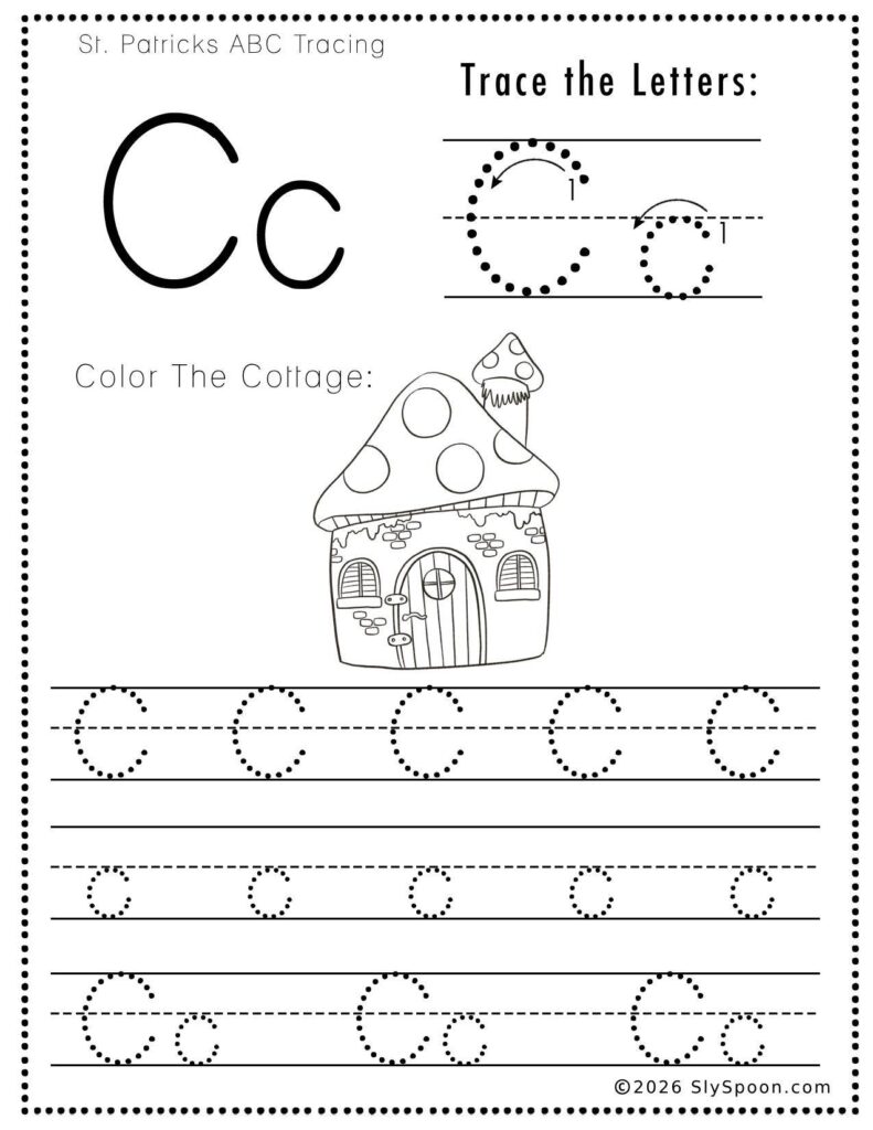 St. Patrick’s Day letter C tracing worksheet where kids trace uppercase and lowercase C letters, with a leprechaun cottage picture to color for preschool and kindergarten