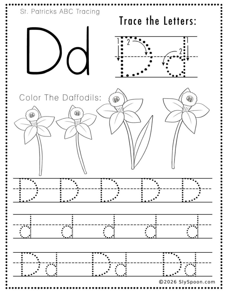 St. Patrick’s Day letter D tracing worksheet where kids trace uppercase and lowercase D letters, with a leprechaun daffodil picture to color for preschool and kindergarten