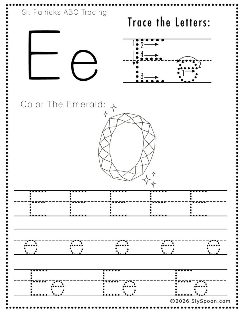 St. Patrick’s Day letter E tracing worksheet where kids trace uppercase and lowercase E letters, with an emerald picture to color for preschool and kindergarten