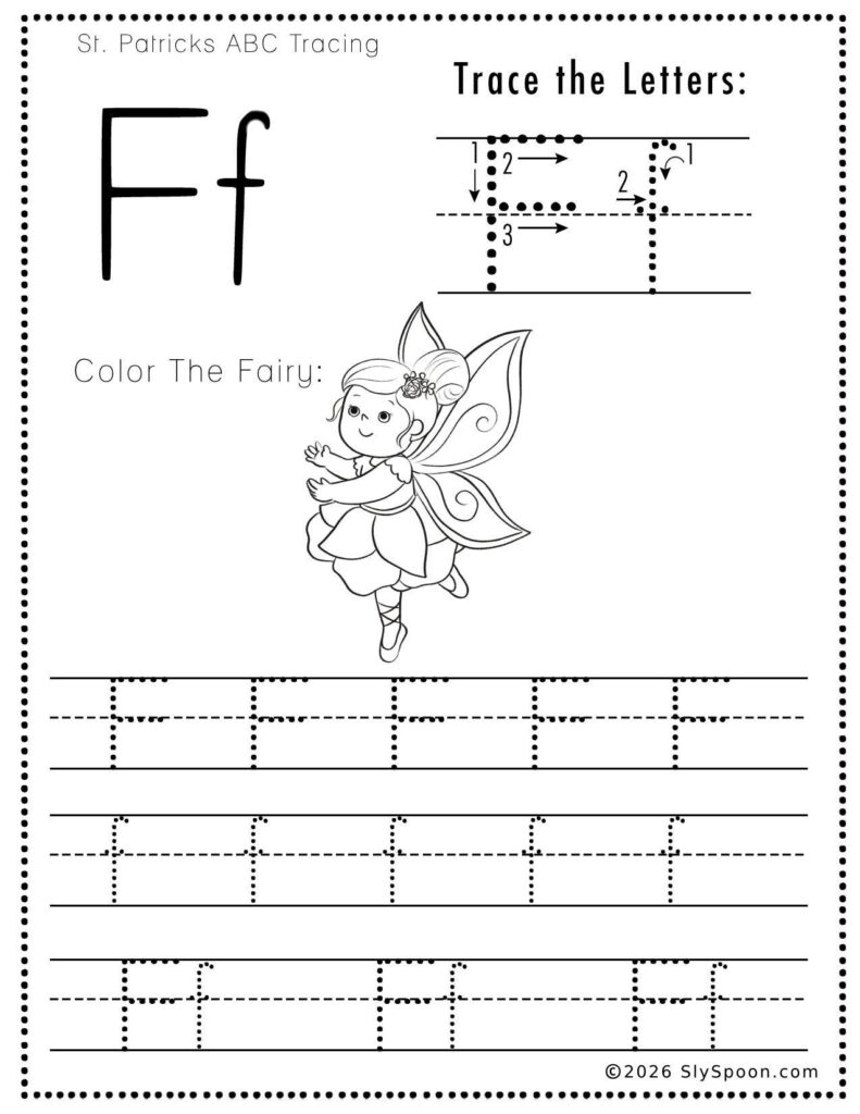 St. Patrick’s Day letter F tracing worksheet where kids trace uppercase and lowercase F letters, with a fairy picture to color for preschool and kindergarten
