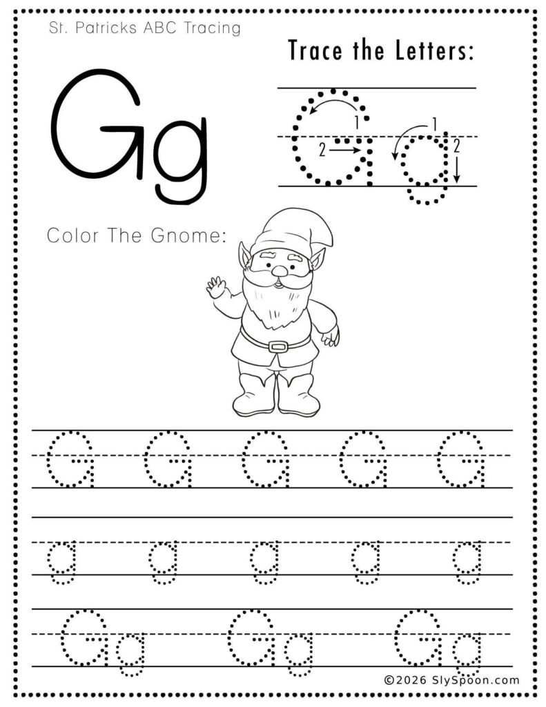 St. Patrick’s Day letter G tracing worksheet where kids trace uppercase and lowercase G letters, with a gnome picture to color for preschool and kindergarten