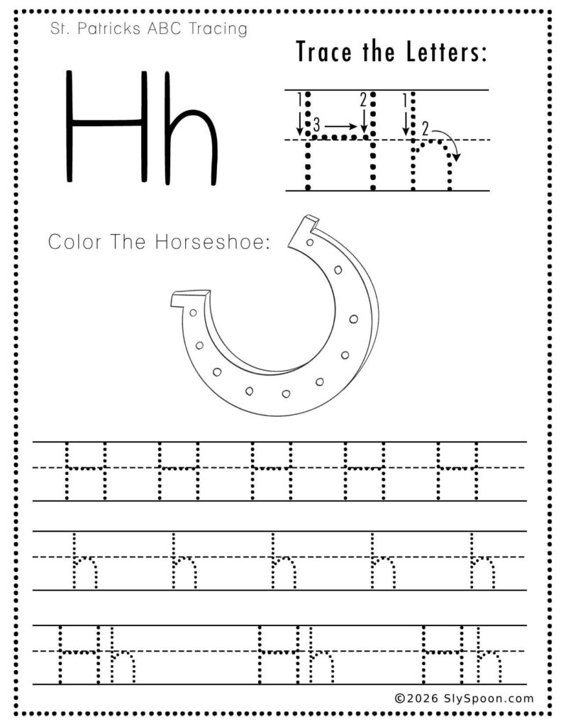 St. Patrick’s Day letter H tracing worksheet where kids trace uppercase and lowercase H letters, with a lucky horseshoe picture to color for preschool and kindergarten