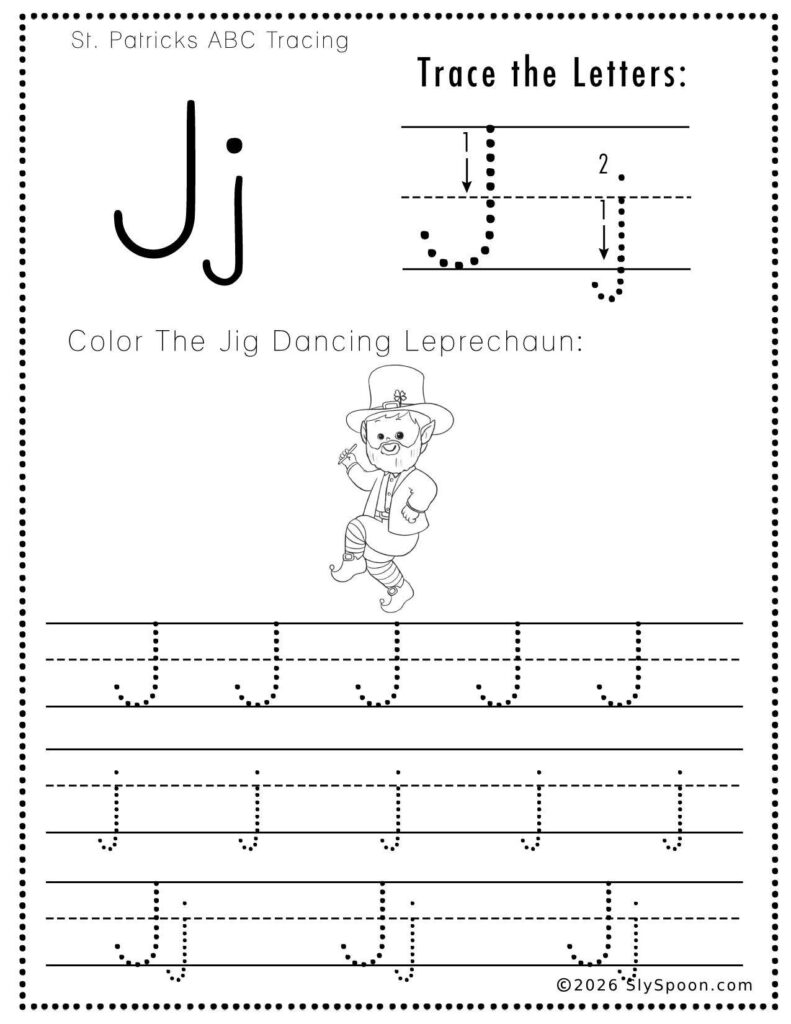 St. Patrick’s Day letter J tracing worksheet where kids trace uppercase and lowercase J letters, with a leprechaun dancing jig picture to color for preschool and kindergarten