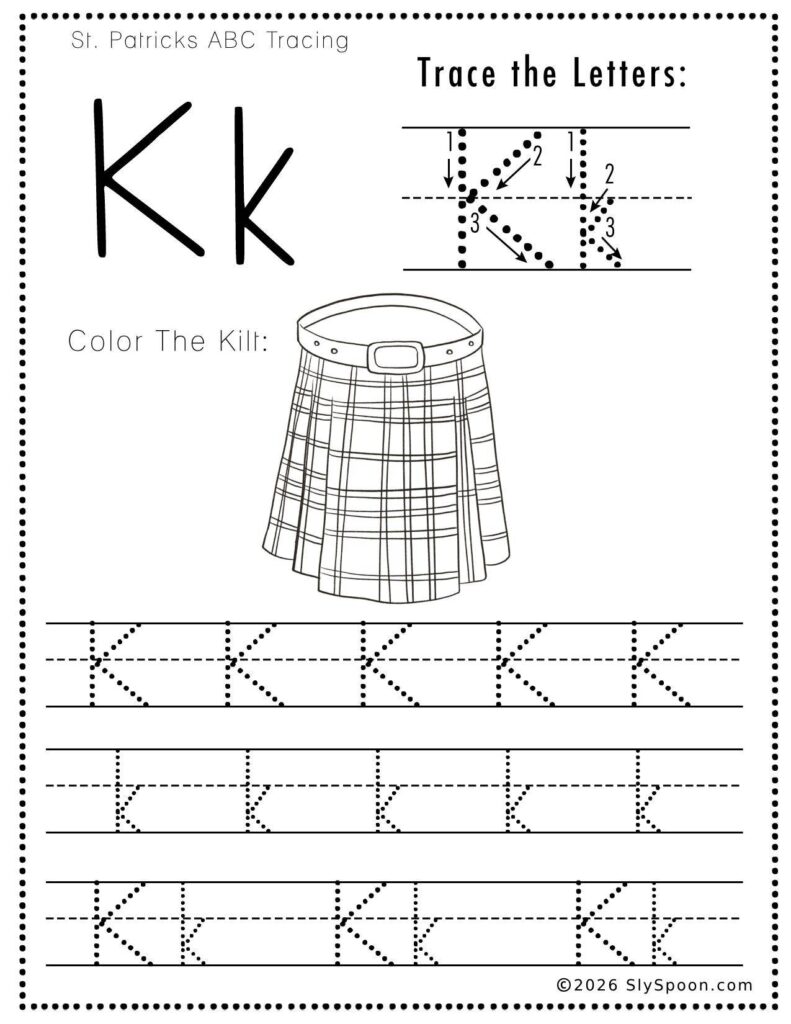 St. Patrick’s Day letter K tracing worksheet where kids trace uppercase and lowercase K letters, with a kilt picture to color for preschool and kindergarten