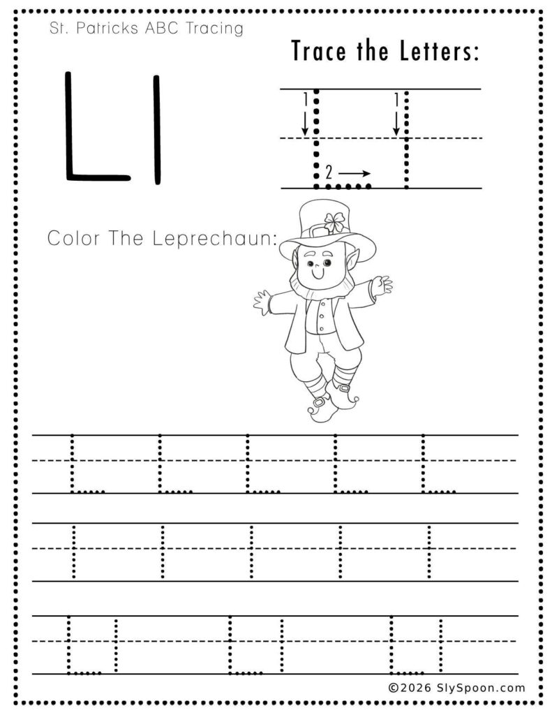 St. Patrick’s Day letter L tracing worksheet where kids trace uppercase and lowercase L letters, with a leprechaun picture to color for preschool and kindergarten