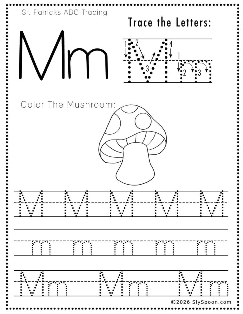 St. Patrick’s Day letter M tracing worksheet where kids trace uppercase and lowercase M letters, with a mushroom picture to color for preschool and kindergarten