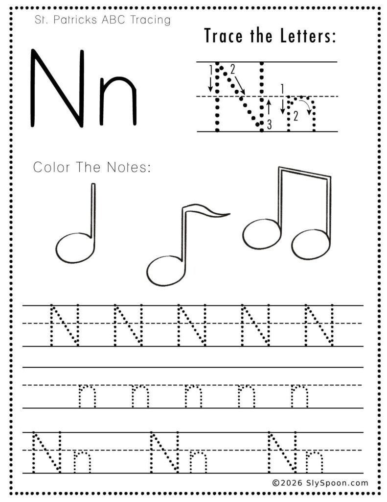 St. Patrick’s Day letter N tracing worksheet where kids trace uppercase and lowercase N letters, with music notes picture to color for preschool and kindergarten