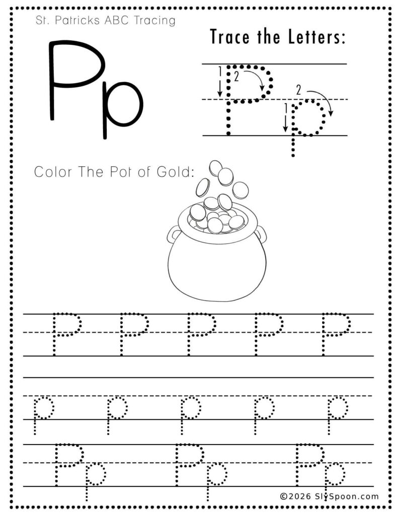 St. Patrick’s Day letter P tracing worksheet where kids trace uppercase and lowercase P letters, with a pot of gold picture to color for preschool and kindergarten