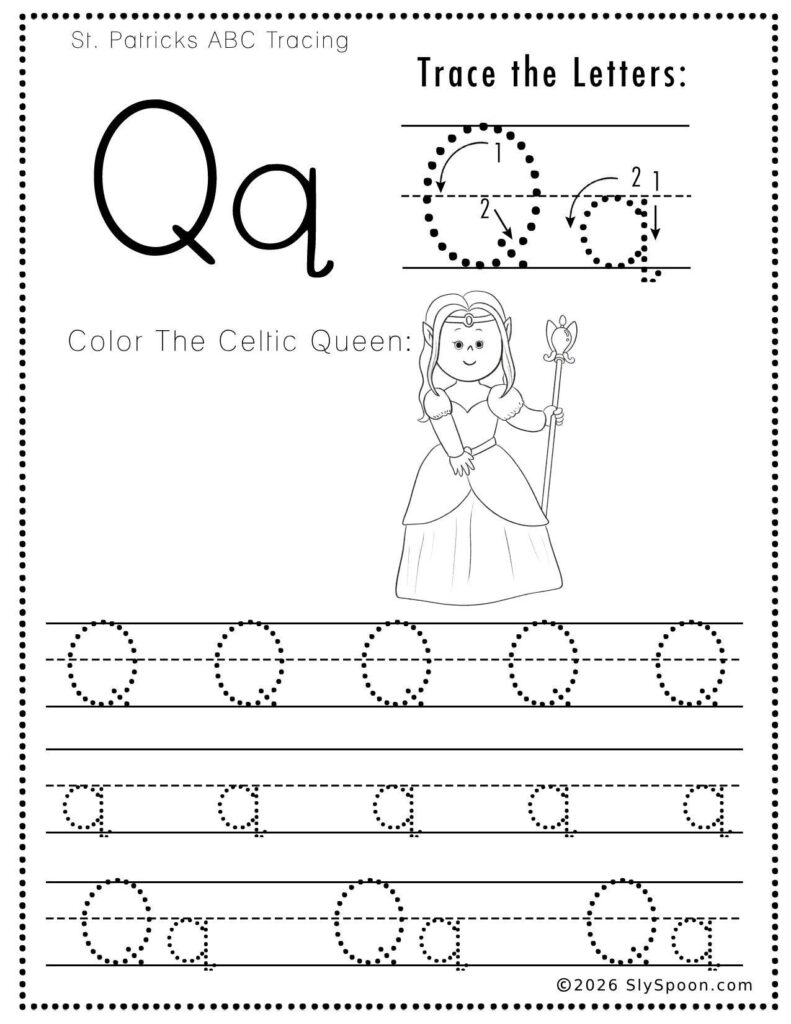 St. Patrick’s Day letter Q tracing worksheet where kids trace uppercase and lowercase Q letters, with an elf queen picture to color for preschool and kindergarten