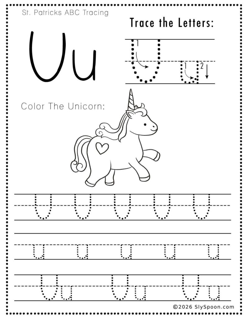 St. Patrick’s Day letter U tracing worksheet where kids trace uppercase and lowercase U letters, with a unicorn picture to color