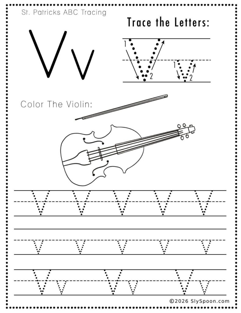 St. Patrick’s Day letter V tracing worksheet where kids trace uppercase and lowercase V letters, with a violin picture to color