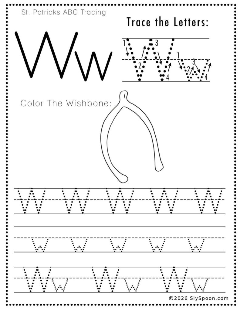 Letter W Tracing Worksheet – St. Patrick’s Day Free Printable (Wishbone) St. Patrick’s Day letter W tracing worksheet where kids trace uppercase and lowercase W letters, with a wishbone picture to color