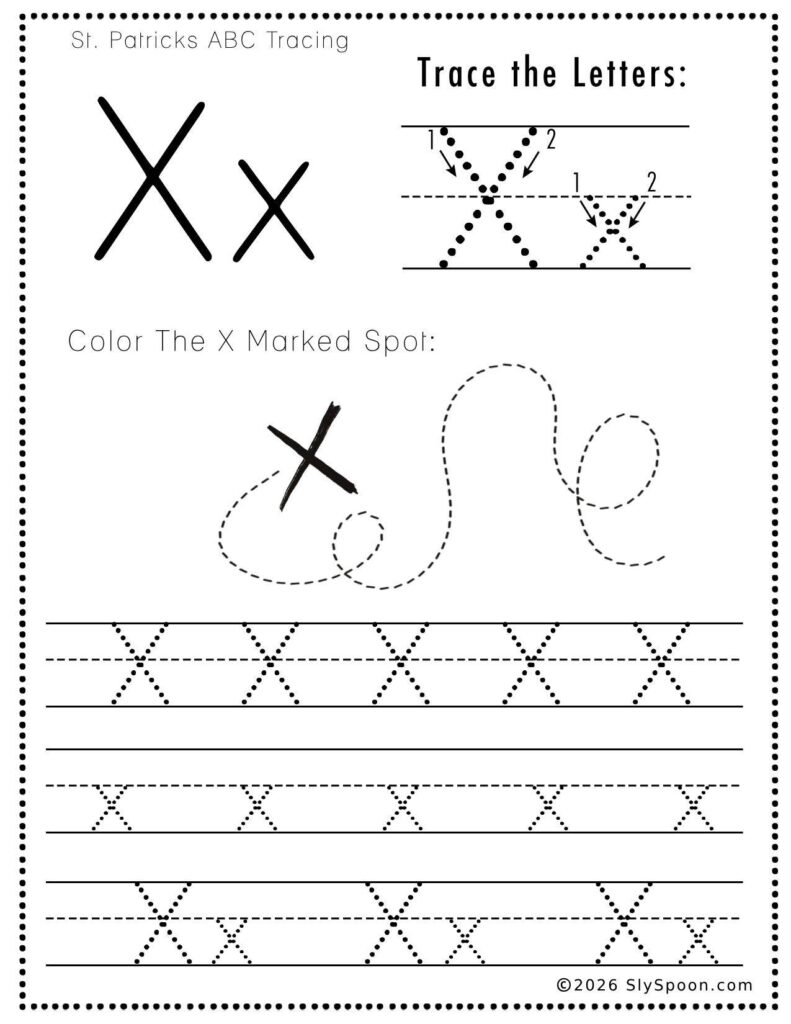 St. Patrick’s Day letter X tracing worksheet where kids trace uppercase and lowercase X letters, with a treasure map showing X marks the spot