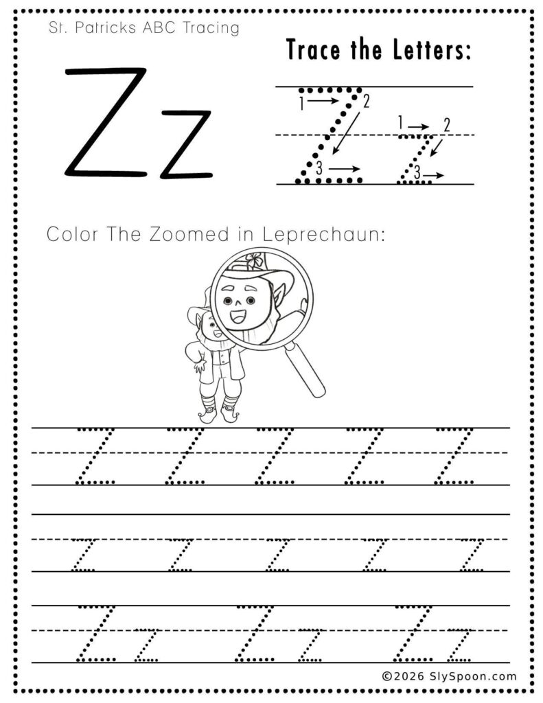St. Patrick’s Day letter Z tracing worksheet where kids trace uppercase and lowercase Z letters, with a leprechaun under a magnifying glass