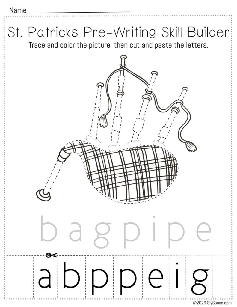 Free printable St. Patrick’s Day pencil control skill builder worksheet for Letter B with bagpipes picture, trace then cut and paste the letters to spell bagpipes