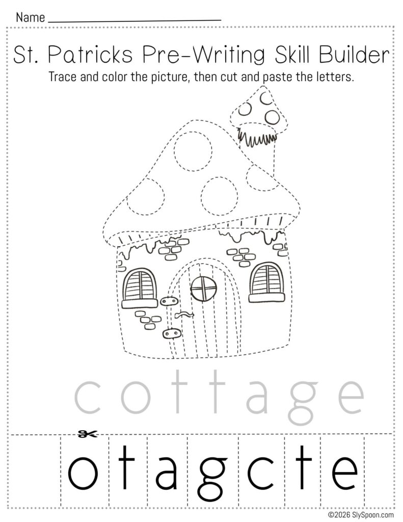 Free printable St. Patrick’s Day pencil control skill builder worksheet for Letter C with a leprechaun cottage picture, trace then cut and paste to spell cottage