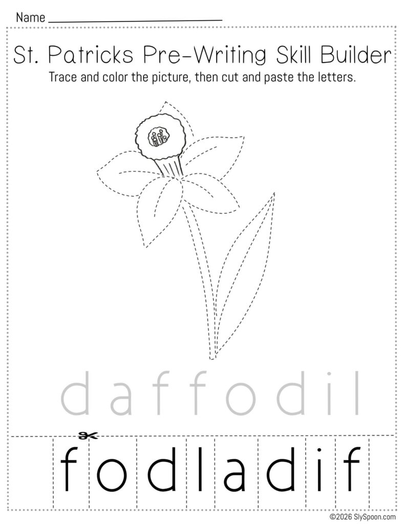 Free printable St. Patrick’s Day pencil control skill builder worksheet for Letter D with a daffodil picture, trace then cut and paste to spell daffodil