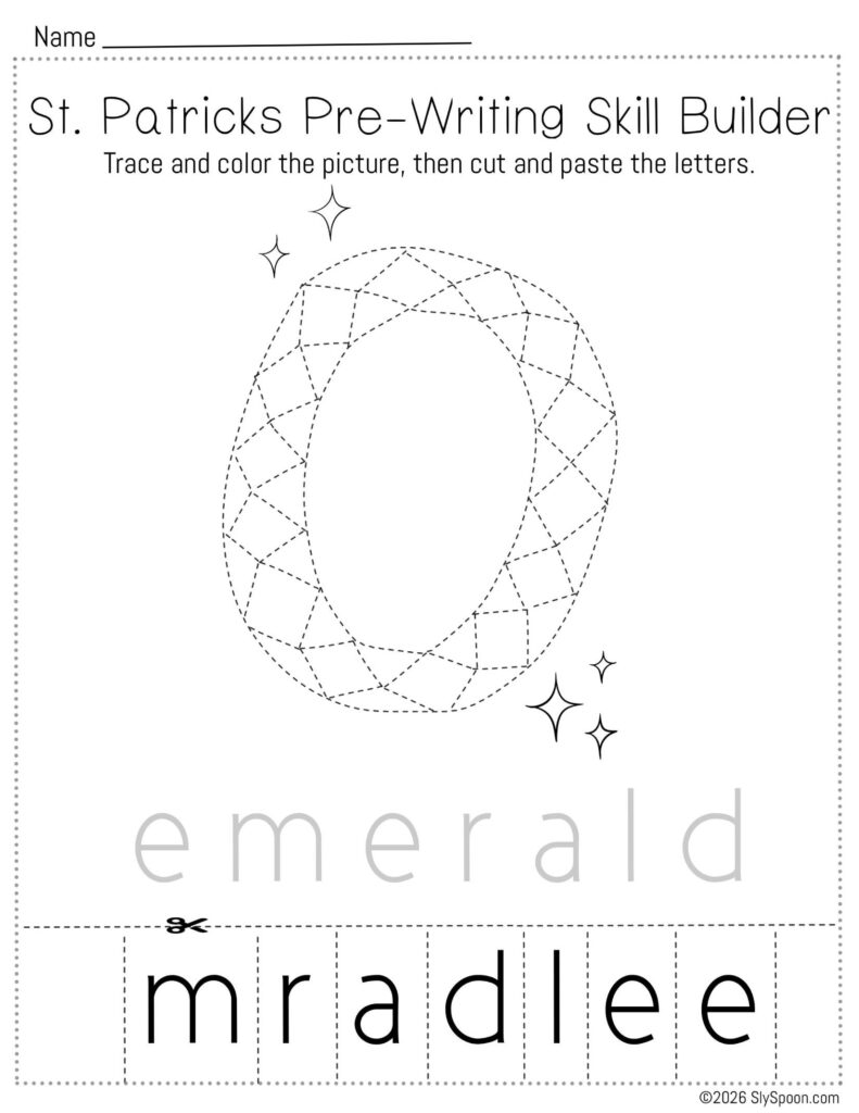 Free printable St. Patrick’s Day pencil control skill builder worksheet for Letter E with an emerald picture, trace then cut and paste to spell emerald
