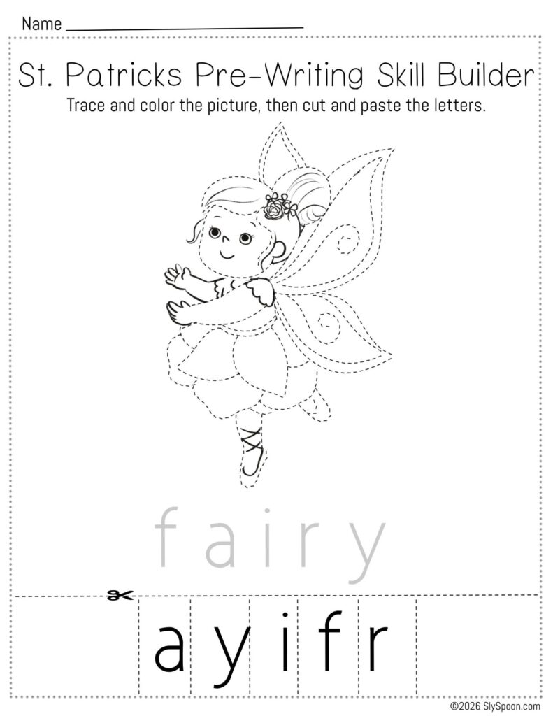 Free printable St. Patrick’s Day pencil control skill builder worksheet for Letter F with a fairy picture, trace then cut and paste to spell fairy