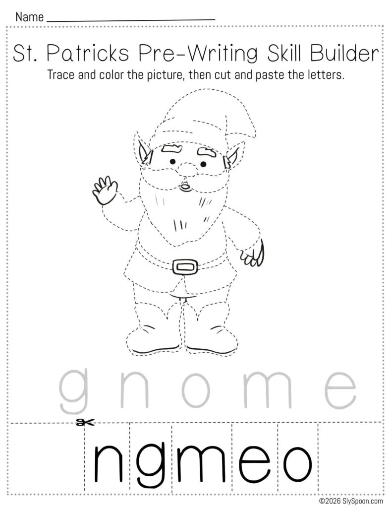 Free printable St. Patrick’s Day pencil control skill builder worksheet for Letter G with a gnome picture, trace then cut and paste to spell gnome